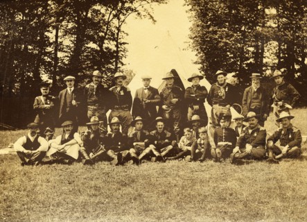 Group of men in uniform in front of a tipi, Buckinghamshire, 1913.  Creator: Unknown.
