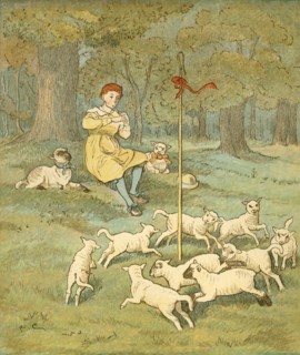 The Farmer's Boy plays his pipe as the lambs dance around his shepherd's crook, c1881. Creator: Randolph Caldecott.