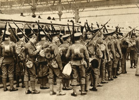 'Territorials from Summer Camp - Terriers entraining at Waterloo', 1914-1918, (1933).  Creator: Unknown.