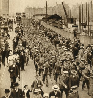 'Territorials from Summer Camp - Terriers marching easy over Westminster Bridge', 1914-1918, (1933). Creator: Unknown.