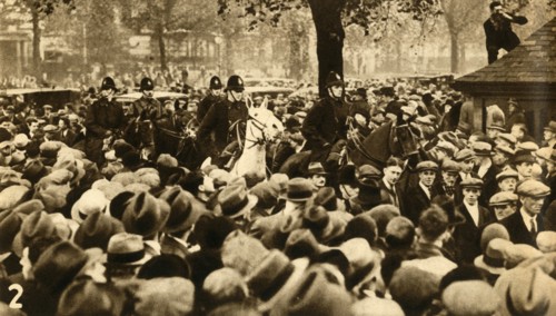 Mounted police and marchers, Means Test protests, Hyde Park, London, 1932, (1933). Creator: Unknown.