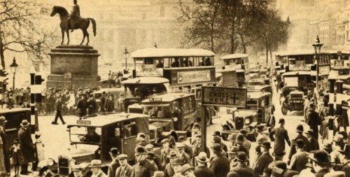 Traffic in Trafalgar Square, London, 1933.  Creator: Unknown.