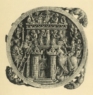 Ivory mirror case depicting the Storming of the Castle of Love, early-mid 14th century, (1881). Creator: W Wise.