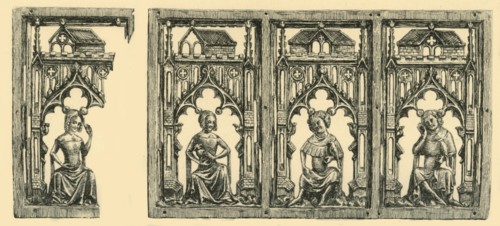 Knights and Ladies Seated under Canopies, pierced ivory panel, mid-late 14th century, (1881).  Creator: Frederick Albert Slocombe.
