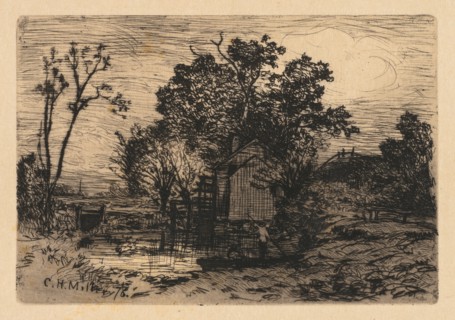 [Cottage and Two Figures in a Boat], 1878. Creator: Charles Henry Miller (American, 1842-1922).