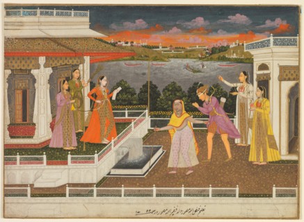 A blindfolded suitor is brought before a princess, 1755. Creator: Fayzullah (Indian, active c. 1730-1765).