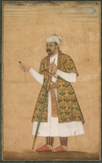 A Courtier, Possibly Khan Alam, Holding a Spinel and a Deccan Sword, c. 1605-1610. Creator: Govardhan (Indian, active c.1596-1645), attributed to ; Abd al-Rahim, the Anbarin-Qalam (Indian, active c. 1...