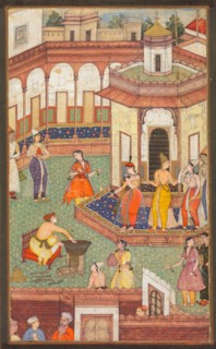 A Man Dips His Hand into a Cauldron as Ladies of the Harem Stand in Amazement..., c. 1600. Creator: Unknown.