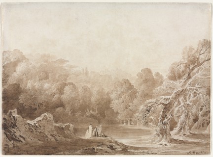 A Man Playing a Harp with other Figures beside a Lake, 1820. Creator: John Martin (British, 1789-1854).