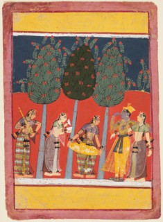 A page from a Rasikapriya series: Krishna and Radha and the Sakhis with musical instruments, c. 1650 Creator: Unknown.