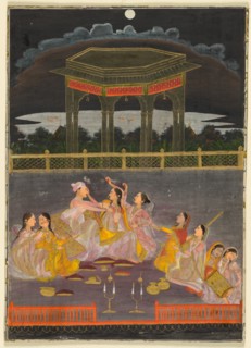 A prince celebrating Holi with palace women on a terrace at night, c. 1760. Creator: Unknown.
