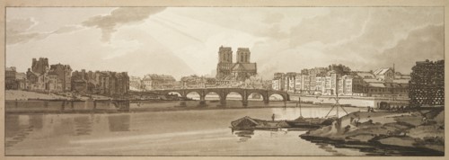 A Selection of Twenty of the Most Picturesque Views in Paris: View of Pont de la Tournelle..., 1802. Creator: Thomas Girtin (British, 1775-1802); Frederick Christian Lewis (British, 1779-1856).