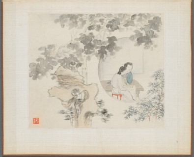 Album of Landscape Paintings Illustrating Old Poems: Two Women Sit at a Table..., 1700s. Creator: Hua Yan (Chinese, 1682-about 1765).