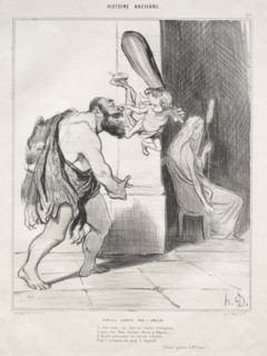 Ancient History, plate 25: Hercules Subdued by Cupid, 18 September 1842. Creator: Honoré Daumier (French, 1808-1879); Aubert.