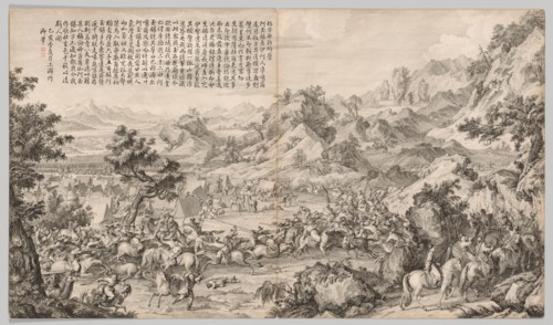 Attacking the Camp at Gatan Ola: from Battle Scenes of the Quelling of Rebellions..., c. 1765-1774. Creator: Giuseppe Castiglione (Italian, 1688-1766).