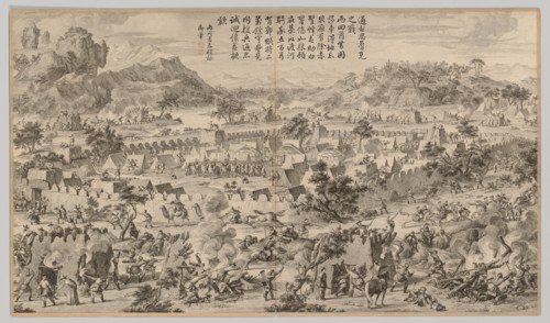 Battle at Tunggushi Luke: from Battle Scenes of the Quelling of the Rebellions..., c. 1765-1774. Creator: Unknown.