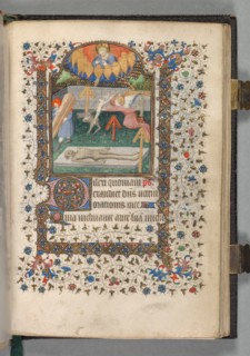 Book of Hours (Use of Paris): Fol. 118r, Angel and Devil Fighting over a Soul, c. 1420. Creator: The Bedford Master (French, Paris, active c. 1405-30), possibly studio or workshop of.
