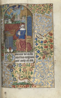 Book of Hours (Use of Rouen): fol. 80r, David Penitent, in the Distance David Slaying Goliath, c1470 Creator: Master of the Geneva Latini (French, active Rouen, 1460-80).