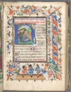 Book of Hours (Use of Utrecht): fol. 14r, Initial with The Nativity, c. 1460-1465. Creator: Master of Gijsbrecht van Brederode (Netherlandish); Master of the Boston City of God (Netherlandish).