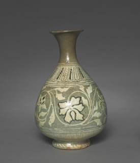 Bottle Inlaid with Peony and Scroll Design, 1400s. Creator: Unknown.