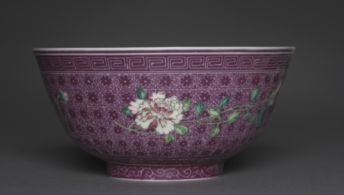 Bowl with Peony Sprays on Diaper Ground (exterior); Chrysanthemum Sprays (interior), 1736-1795. Creator: Unknown.