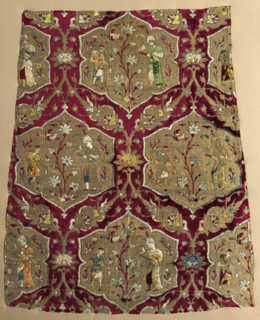 Brocaded velvet with falconer and attendant in animated lattice, from a robe, mid 1500s. Creator: Unknown.