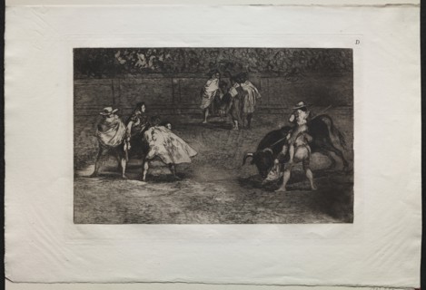 Bullfights: A Bullfighter Mounted on the Shoulders of an Assistant, Spearing a Bull, 1876. Creator: Francisco de Goya (Spanish, 1746-1828).