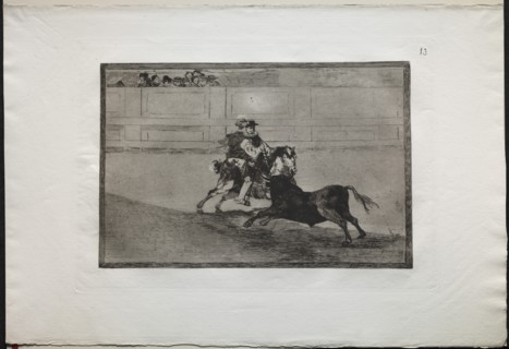 Bullfights: A Spanish Mounted Knight in the Ring Breaking Short Spears Without the Help..., 1876. Creator: Francisco de Goya (Spanish, 1746-1828).