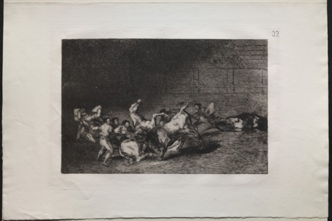 Bullfights: Two Teams of Picadors Thrown One After the Other by a Single Bull, 1876. Creator: Francisco de Goya (Spanish, 1746-1828).