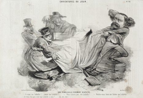 Caricature du Jour: No. 78, Un Demoisellevivement diisputée. Creator: Charles-Émile Jacque (French, 1813-1894).