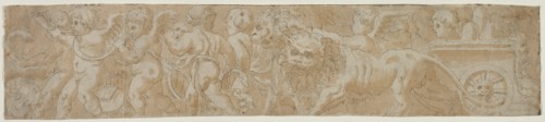 Chariot Drawn by Lions with Amorini (recto) Partial Architectural Study (verso) , first half 1500s. Creator: Unknown.