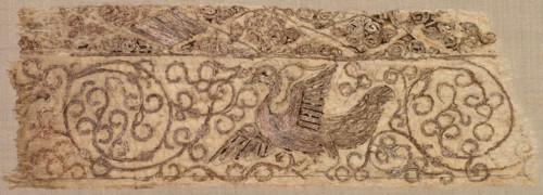Embroidered fragment with bird among vines, 1100s. Creator: Unknown.