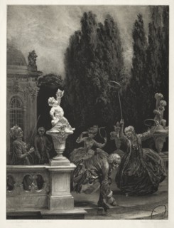 Essay on Stone with Brush and Scraper: Playing at Hoops on the Castle Terrace, 1851. Creator: Adolph von Menzel (German, 1815-1905).