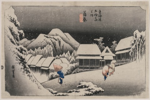 Evening Snow at Kambara (number sixteen of the series Fifty-three Stations of the Tokaido), 1833. Creator: Ando Hiroshige (Japanese, 1797-1858).