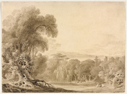 Figures Seated by a Lake in a Wooded Landscape, 1820. Creator: John Martin (British, 1789-1854).