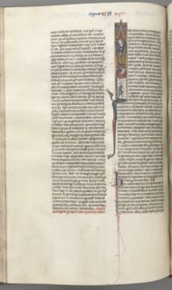 Fol. 174v, Ezra, historiated initial I, Cyrus directing the building of the Temple, c. 1275-1300. Creator: Unknown.