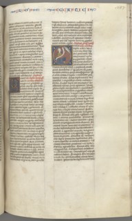 Fol. 257r, Ecclesiasticus, historiated initial O, Sirach seated with a scroll, bust of God above, c. Creator: Unknown.
