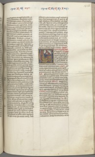 Fol. 315r, Lamentations, historiated initial E, a kneeling Jeremiah praying to a bust of God, c. 127 Creator: Unknown.