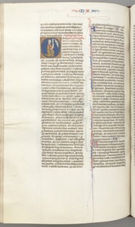 Fol. 360v, Nahum, historiated initial O, Nahum kneeling with a scroll, bust of God above, c. 1275-13 Creator: Unknown.