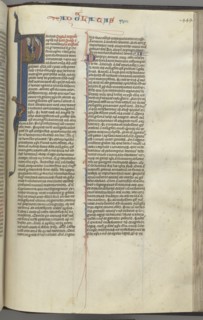Fol. 449r, Galatians, historiated initial P, Paul seated with a sword?, c. 1275-1300. Creator: Unknown.