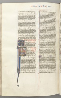 Fol. 450v, Ephesians, historiated initial P, Paul seated with a sword, the bust of God above, c. 127 Creator: Unknown.