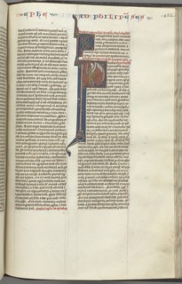Fol. 452r, Philippians, historiated initial P, Paul standing with a sword and a scroll, talking to t Creator: Unknown.