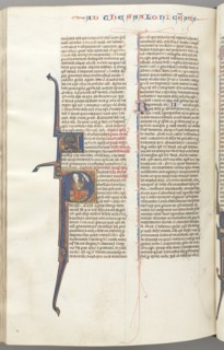 Fol. 455v, Thessalonians II, historiated initial P, Paul seated with a sword..., c. 1275-1300. Creator: Unknown.
