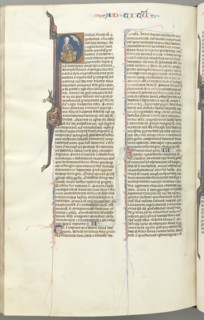 Fol. 458v, Titus, historiated initial P, Paul seated with a sword, c. 1275-1300. Creator: Unknown.