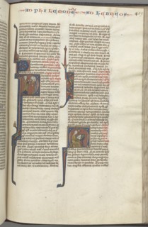 Fol. 459r, Philemon, historiated initial P, Paul addressing three men and Hebrews..., c. 1275-1300. Creator: Unknown.