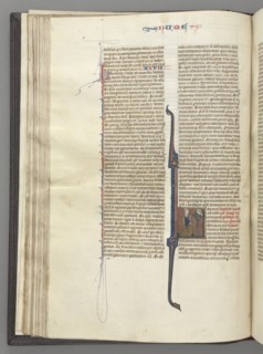 Fol. 46v, Numbers, historiated initial L, Moses with horns, kneeling before God, c. 1275-1300. Creator: Unknown.