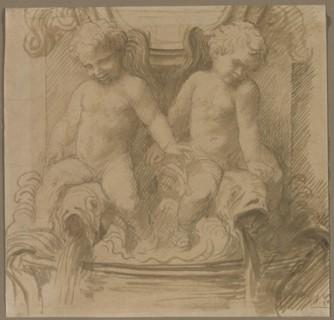 Fountain with Putti Riding Dolphins, last half 1800s. Creator: Alphonse Legros (French, 1837-1911).