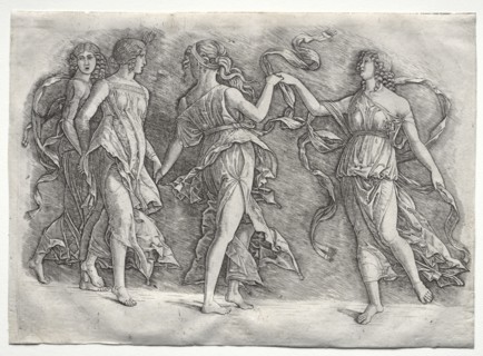Four Dancing Muses, c. 1497. Creator: the so-called Premier Engraver (Italian), probably by ; Andrea Mantegna (Italian, 1431-1506).