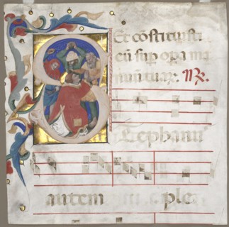 Fragment of an Antiphonary with Historiated Initial (S): The Stoning of St. Stephen, c. 1370-1372. Creator: Nicolò da Bologna (Italian, c. 1325-1403).
