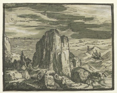 From a set of 4 Landscapes: Cliffon the seashore. Creator: Hendrick Goltzius (Dutch, 1558-1617).